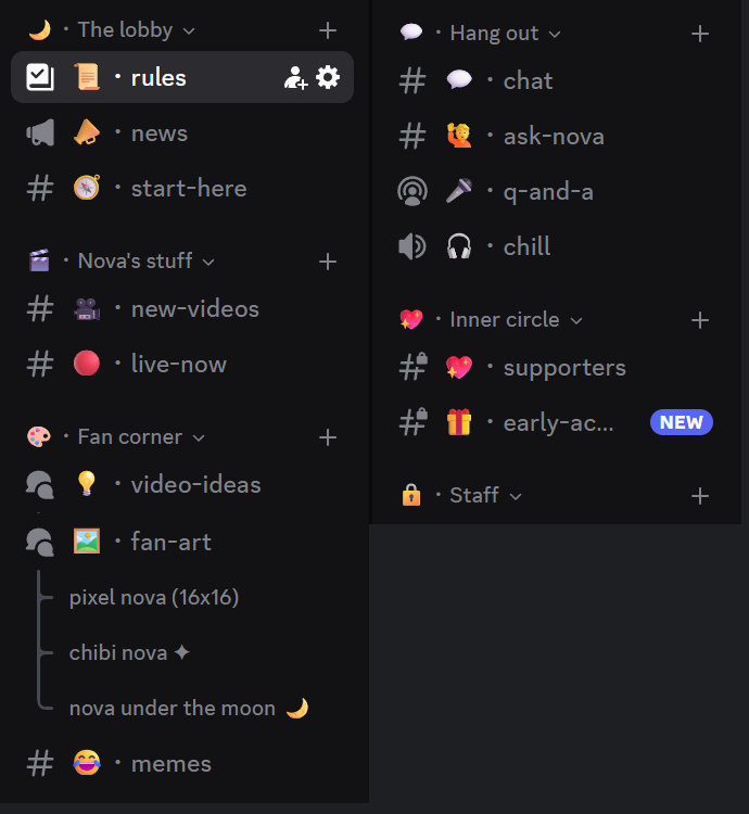Nova's Hangout: the whole channel list in six sections