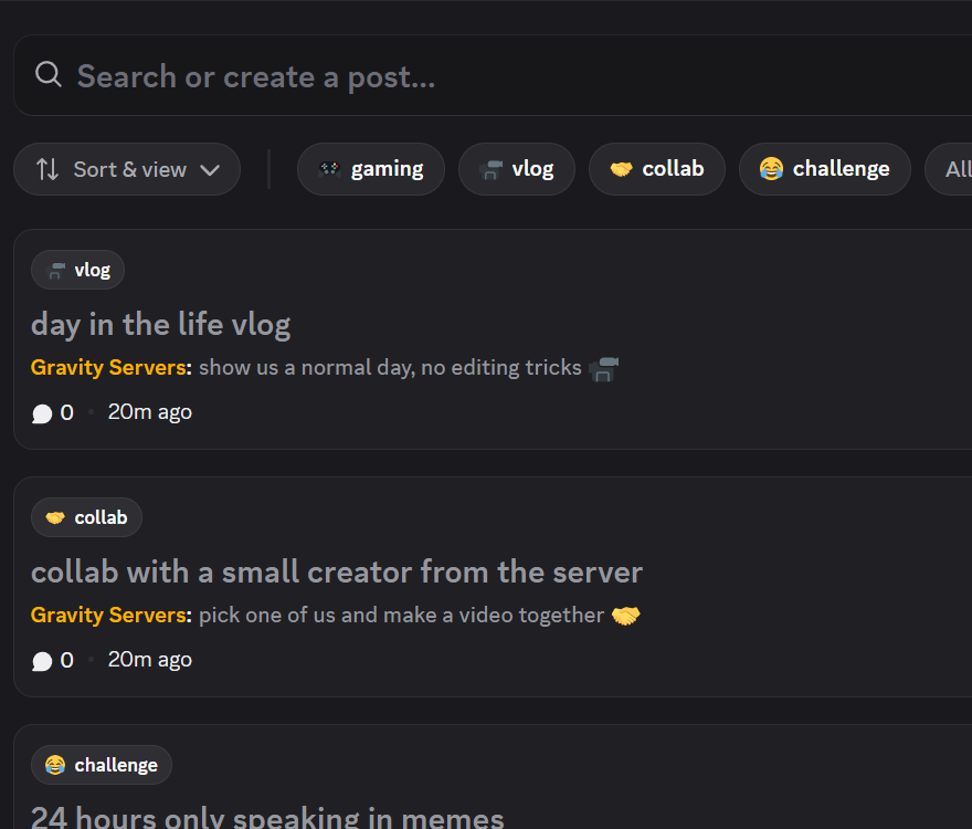 Forum channel with video ideas and tags