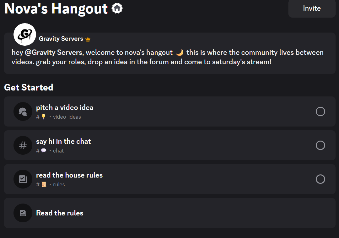 Server guide with a welcome message and first steps