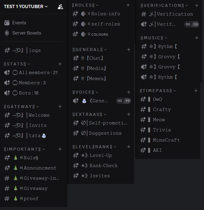 Before: the whole channel list, 36 channels over 11 categories with unreadable names
