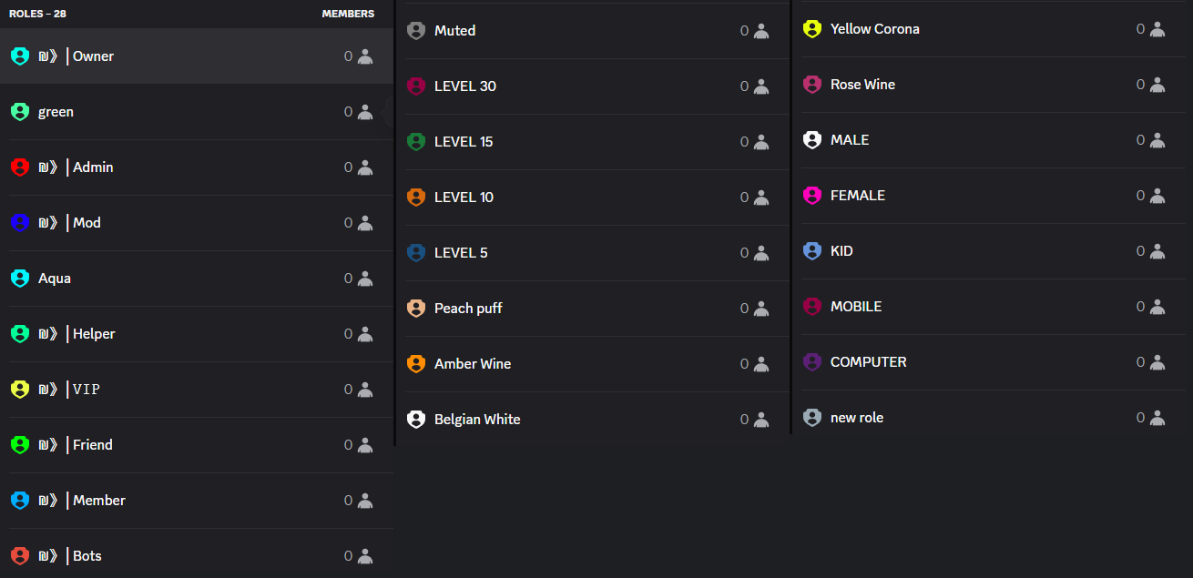 Before: Discord's roles page showing ROLES - 28, every role at zero members