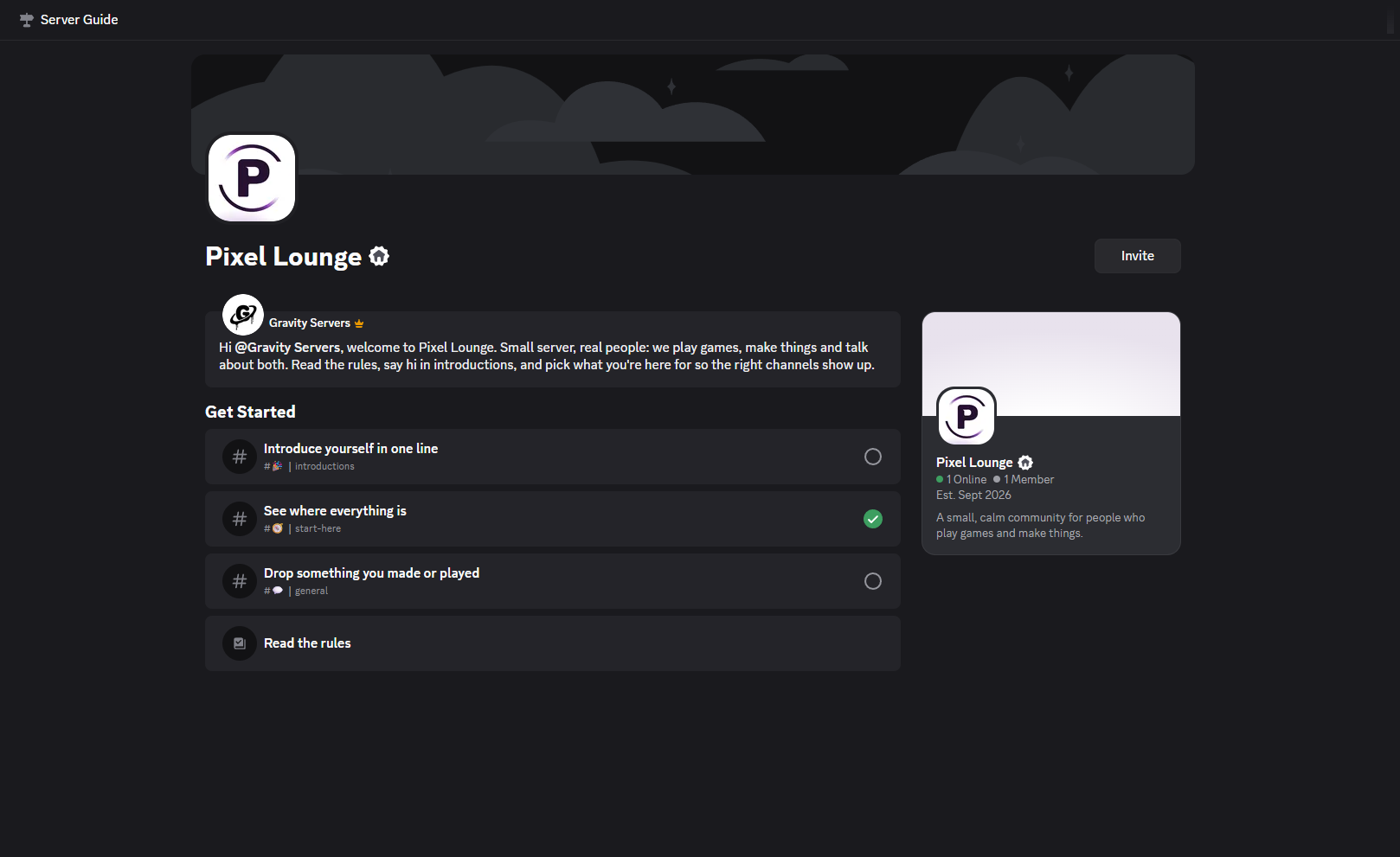 Server guide with a welcome message and first steps