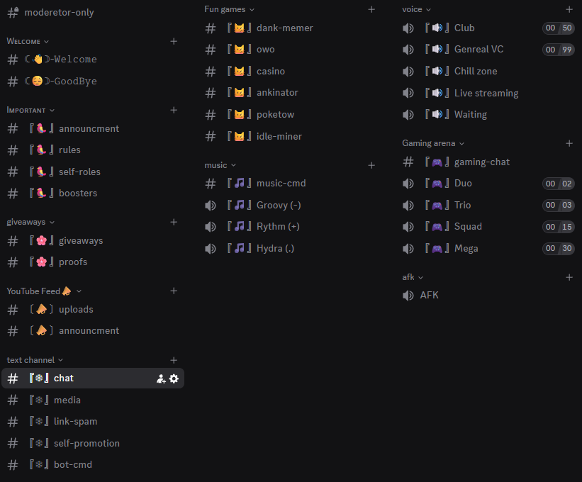 Before: the whole channel list in three columns, 37 channels over 10 categories